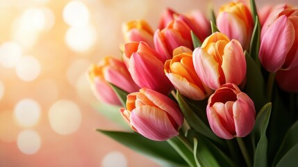 Naklejka premium A beautifully composed close-up of pink and yellow tulips, exuding a soft and charming aesthetic that speaks to the heart, perfect for floral decor and spring themes.
