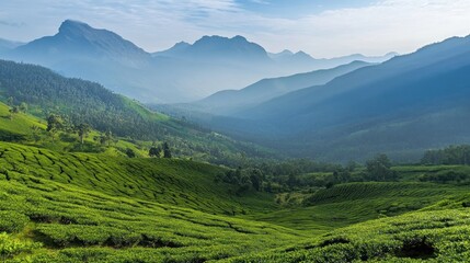 Naklejka premium Lush Green Tea Plantation with Rolling Hills and Distant Mountain Range