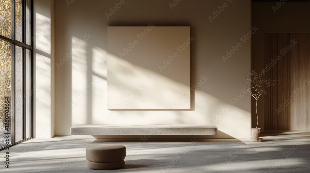 Aufkleber a spacious room features a large window allowing natural light to illuminate a simple bench, creatin