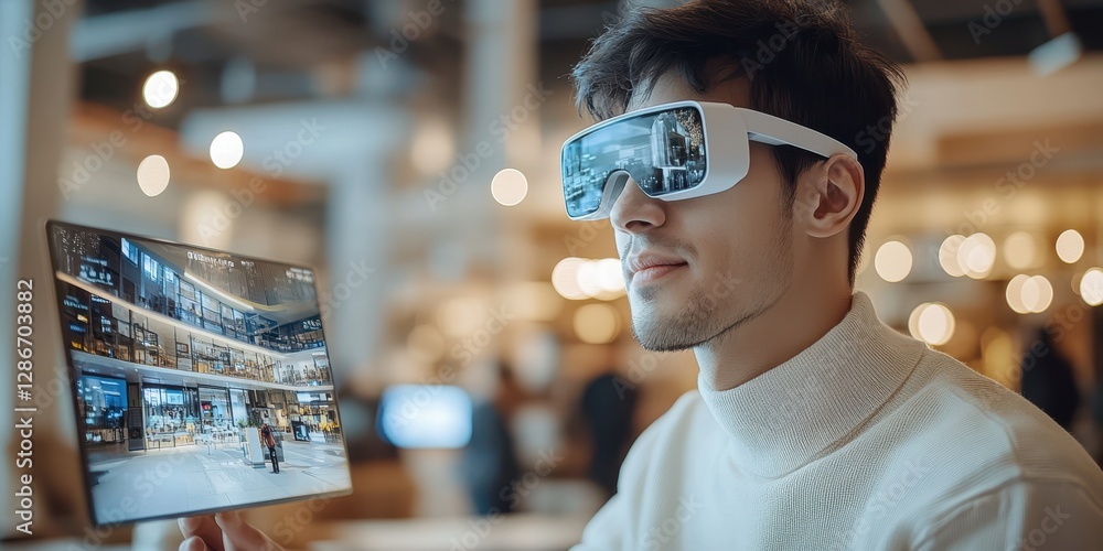 Poster a bearded man with glasses is holding a tablet displaying an image of a building, showcasing a blend