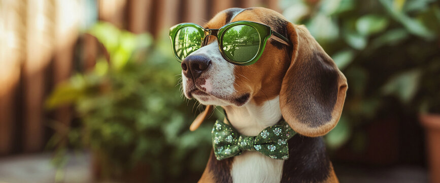 A beagle dog wearing green sunglasses and a green bow tie with shamrock patterns, showcasing a playful, fun vibe for St. Patrick's Day or festive occasions.