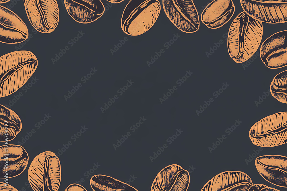 Poster coffee beans border: an artistic border of intricately sketched coffee beans encircles a dark backgr