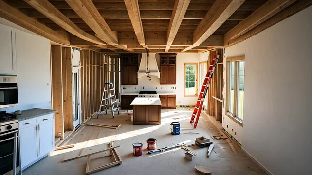 Home Interior Under Renovation with Wooden Ceiling Beams, Kitchen Remodel in Progress with Tools and Ladders

