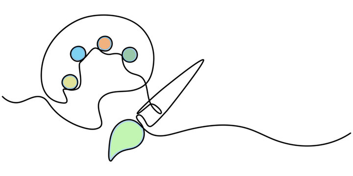 Paint brushes continuous one line drawing. Isolated on white background vector, Continuous one line drawing vector illustration, brush and painting palette one line drawing vector illustration. 