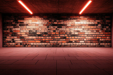 Brick wall interior with red neon lights. Brick wall background with interior design. Brick wall with red neon lights