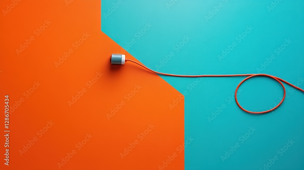 Poster a small white object contrasts vividly against a blue and orange wall, creating an intriguing visual