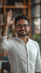 Obraz premium An Indian entrepreneur in a contemporary workplace, saluting