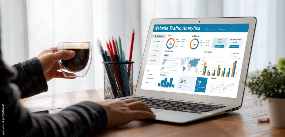 Poster computer software for website traffic analytics data on computer screen. concept of seo search engin