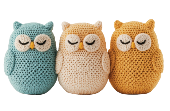 Three crochet owl in different colors, including blue, cream, and orange. Each owl has closed eyes, small wings, and soft yarn texture, arranged side by side. Isolated on transparent background, png.