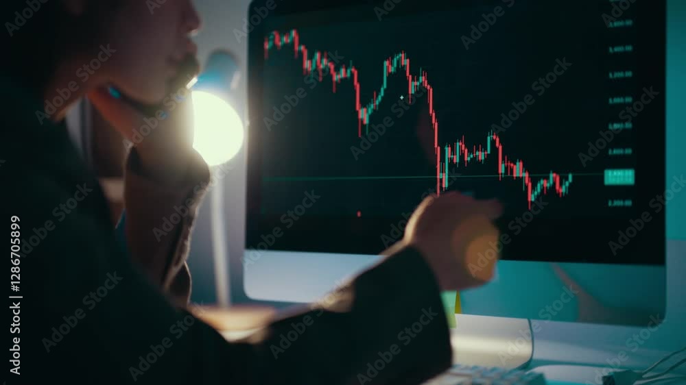 Poster Businesswoman analyzing cryptocurrency investment discussing strategy during a phone call while pointing at computer screen with candlestick chart showing downturn trend