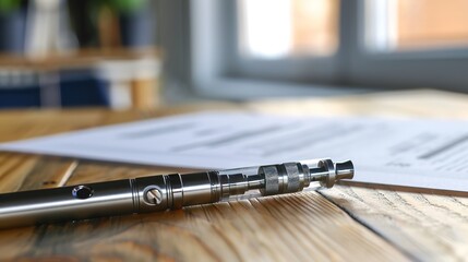 Naklejka premium Close-up of a vape device on a wooden table with legal documents, symbolizing legal disputes and regulations in the vaping industry. Focused on modern e-cigarette technology and legal