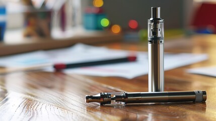 Close-up of a vape device on a wooden table with legal documents, symbolizing legal disputes and regulations in the vaping industry. Focused on modern e-cigarette technology and legal