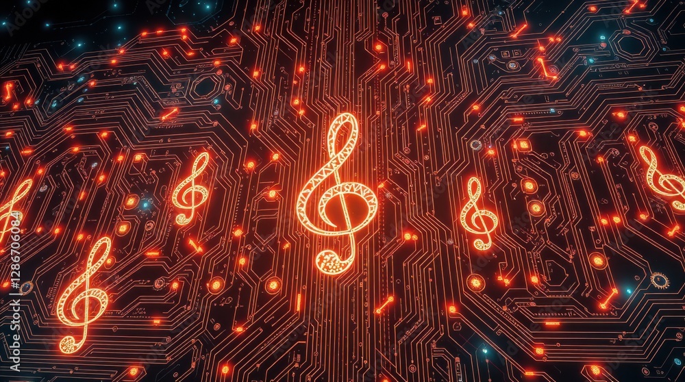 Aufkleber musical data: glowing treble clefs overlaid on an illuminated computer circuit board design.