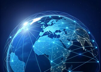 Fototapeta premium a digital globe with a futuristic, technology-inspired design. The globe is illuminated in blue, with a network of interconnected lines