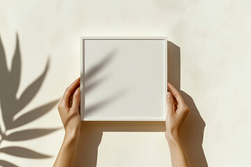 Hands holding blank square frame mockup on white background with leaf shadow. Woman holds empty picture frame in hands. Close up of hands holding frame
