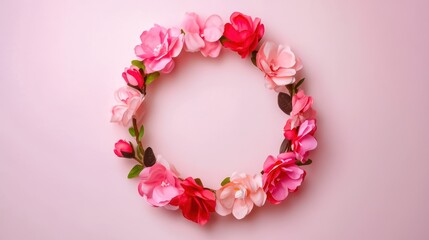 Obraz premium A vibrant floral wreath made of pink and red flowers, beautifully arranged against a soft pink background.