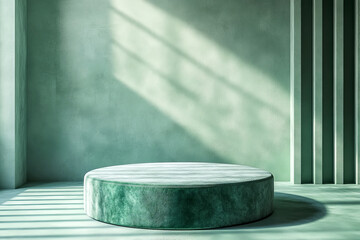 Empty green velvet podium illuminated by the sun in a room with a striped wall, perfect for showcasing products with a minimalist and elegant style