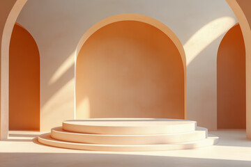Sunlight is illuminating a round white marble display podium in a corridor with arches and warm tones, creating a modern and elegant atmosphere