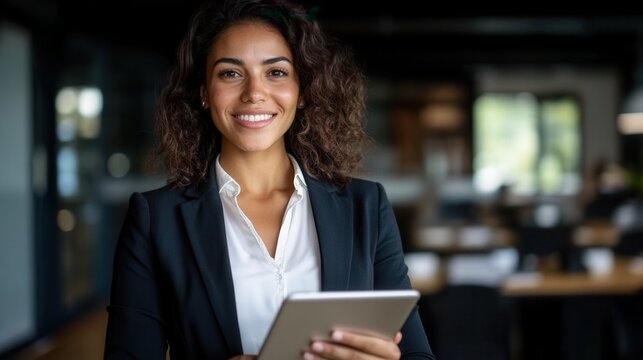 Young Hispanic professional business woman smiling in modern office while using tablet during workday