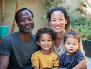 Interracial family sitting outside