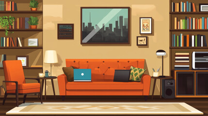 People work with laptop and phone at home. Concept of freelance, online business, distant job. Vector flat illustration of living room interior with couple, chair, sofa, bookcase and coffee cups