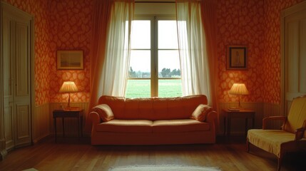 Fototapeta premium A cozy room features a comfortable couch and a stylish chair beside a large window, enhancing the inviting atmosphere.