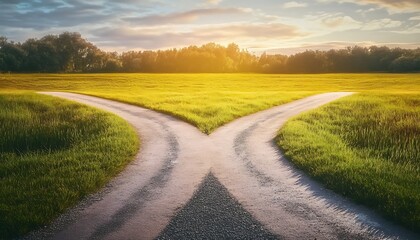 Naklejka premium Concept of choice with crossroads spliting in two ways, decision, direction, dilemma, pathway, options, select , 