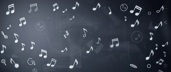 Musical notes float across a textured blackboard, evoking a creative and academic atmosphere.