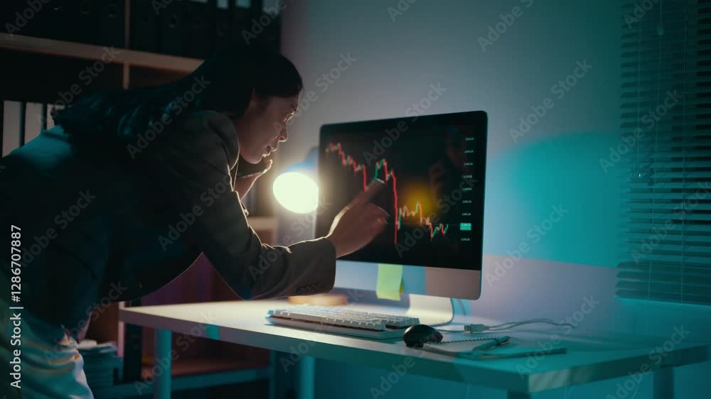 Poster professional female analyzing downward financial graph on computer screen, working late with desk la