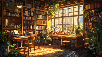 Literary Haven: A sunlit library, overflowing with books, inviting to the imagination and serenity, plants and a large window frame, evoke a sense of intellectual curiosity and calm