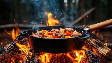 Fototapeta premium Vibrant vegetables and sizzling meat are tossed in a pan over an intense campfire, showcasing the beauty of outdoor culinary craftsmanship amidst nature's backdrop.