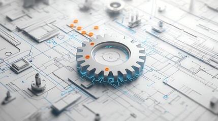 Metallic Gear on Circuit Board, A metallic gear placed on a complex circuit board with intricate pathways and components