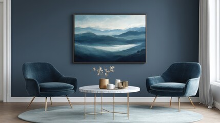 A cozy room features two stylish chairs and a small table, complemented by an artistic painting adorning the wall, creating an inviting atmosphere.