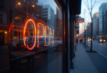  Neon open sign reflecting on glass window of a bustling city cafe