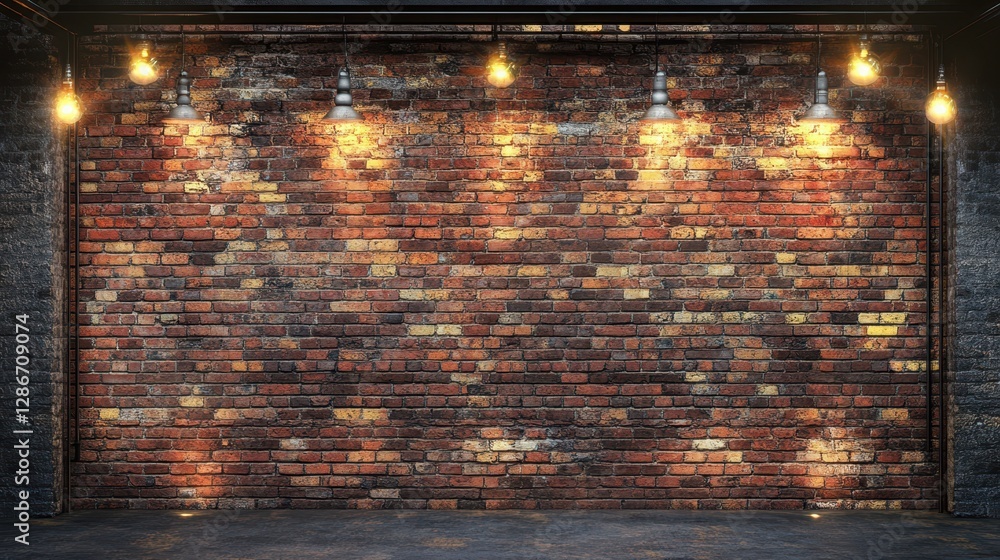 Poster a vibrant display of numerous lights illuminating a textured brick wall, creating a captivating and 
