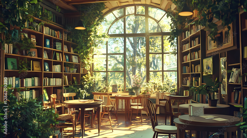 Poster serene library retreat: an inviting library with a large arched window, overflowing with lush greene