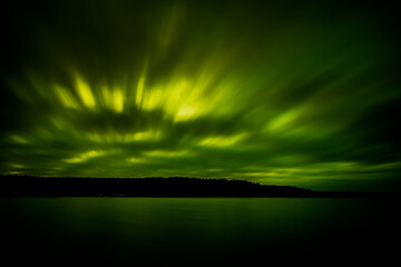 aurora, aurora, green, clouds, lake, reflection, water, long exposure, horizon, dark