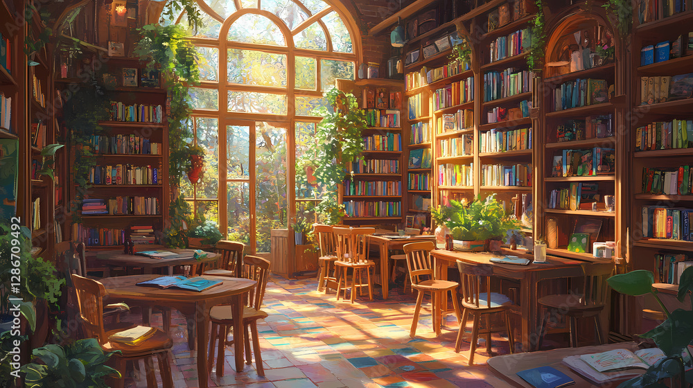 Poster sunlit library oasis: a cozy library bathed in sunlight through a large arched window and adorned wi