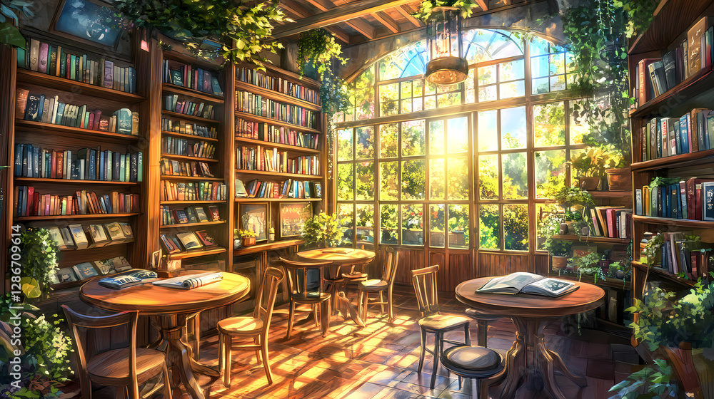 Poster the cozy botanical library: sunlight streams into a charming library, where shelves are overflowing 
