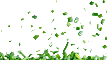 Fresh green chives falling in motion, crisp texture, isolated on a white background. --ar 16:9