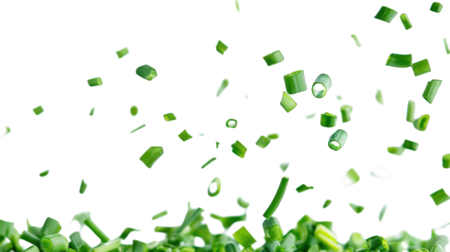 Fresh green chives falling in motion, crisp texture, isolated on a white background. --ar 16:9