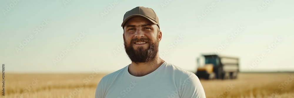 Poster a man with a beard and a hat is smiling in front of a tractor. the scene is set in a field with a tr