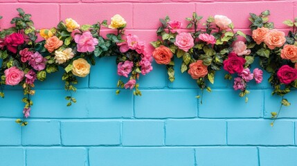 Fototapeta premium Colorful flowers in pink and yellow beautifully drape over a textured blue brick wall, creating a vibrant and artistic display of nature and architecture.