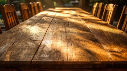 A wooden table is set with chairs, accompanied by a bench in the background, creating a cozy and inviting dining space.