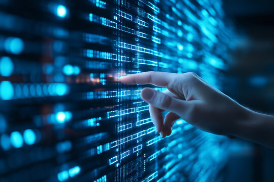 Binary data processing and big data analysis. Digital data analyzing technology. Analyst touching numbers