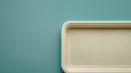 Top view of empty tray on solid teal background with empty space