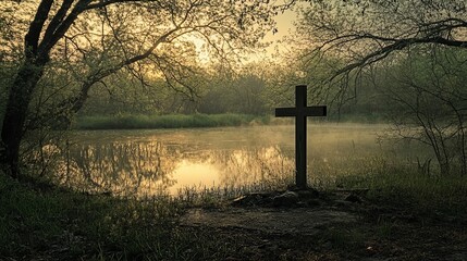 Reflective Holy Saturday: A Serene Cross Silhouette Against a Twilight Sky, Evoking Peace, Spirituality, and the Christian Faith. Perfect for Easter,