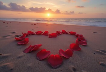 Fototapeta premium Heart shape formed by red petals on the beach during a romantic sunset