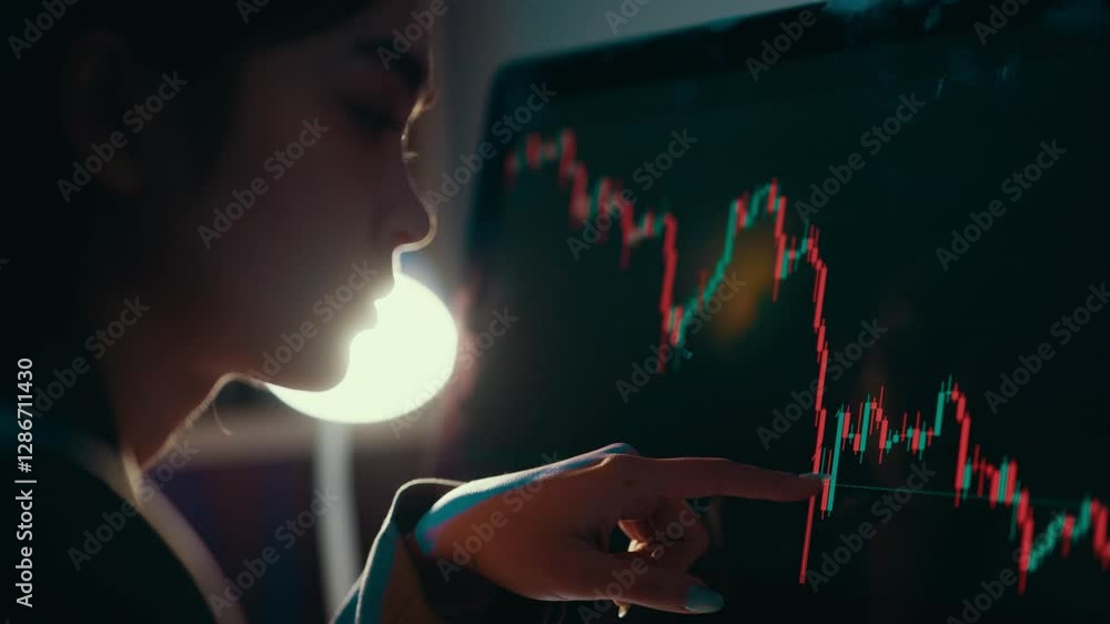 Poster financial expert reviewing stock market data, tracking graph dynamics under soft lamp glow, highligh