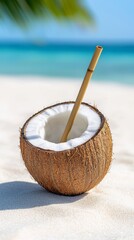 Refreshing coconut drink on sandy beach with clear blue water in background